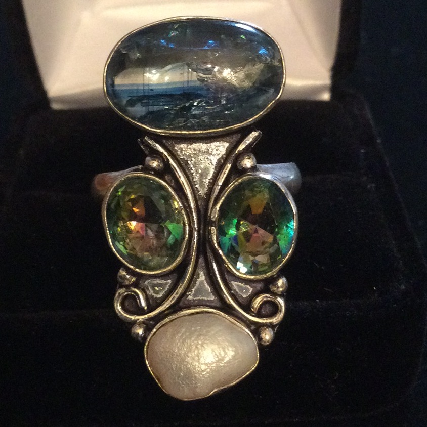 Genuine Kyanite Mystic Topaz Pearl Ring 128$